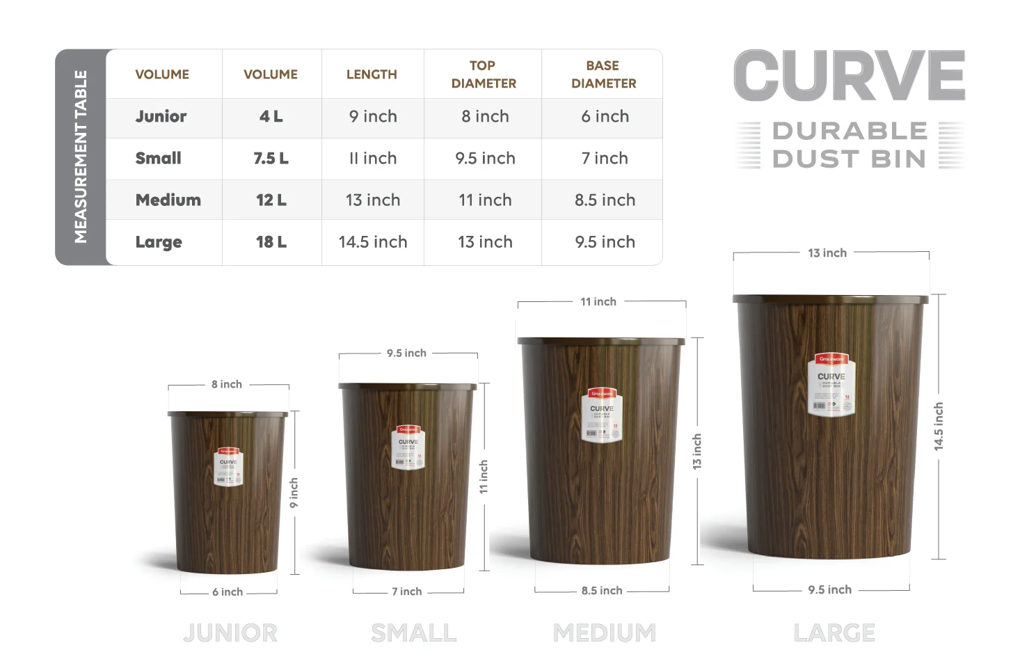Curve Dustbin 12Liters l Bundle of 3